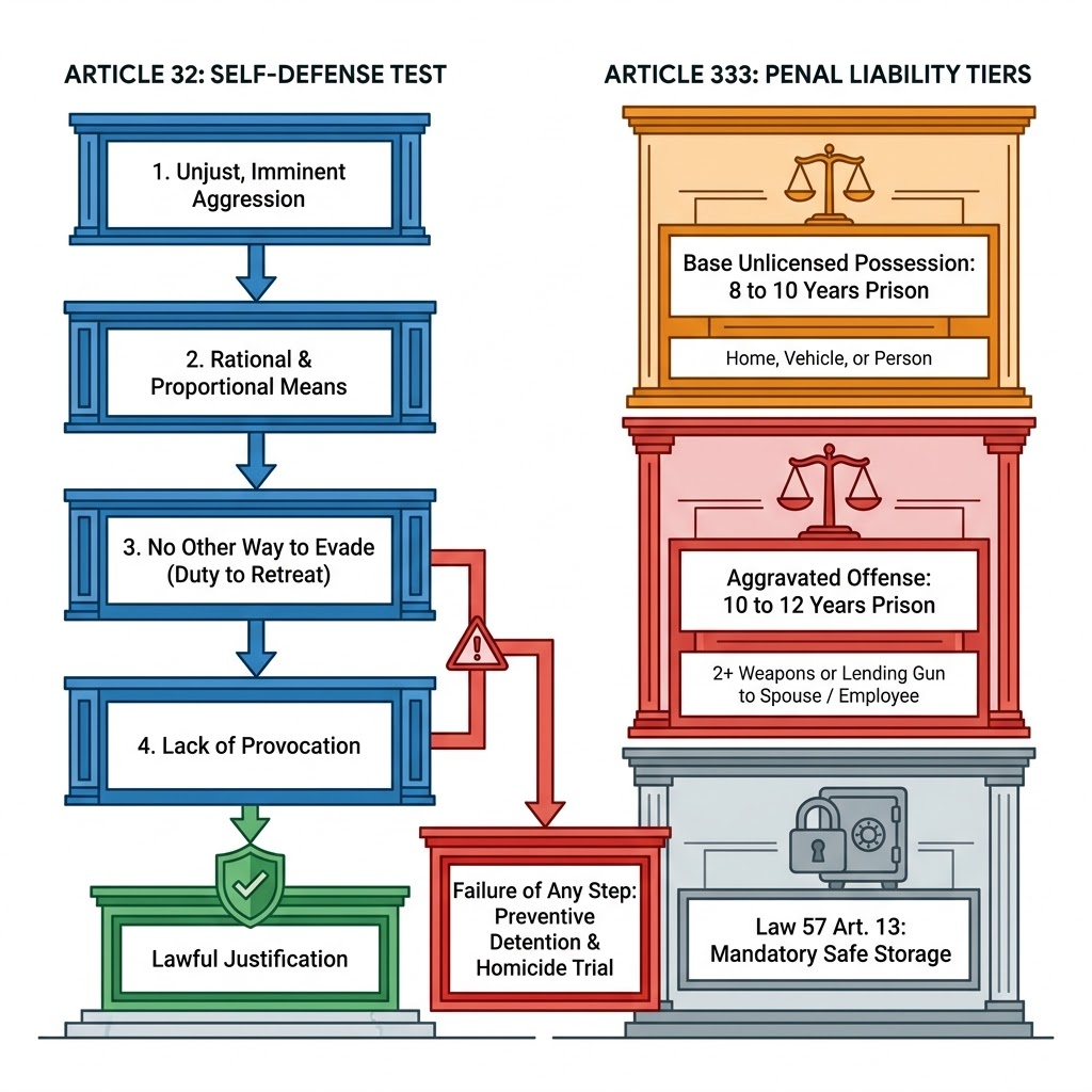 Original self-defense and liability diagram with disputed legal claims; read the correction above.