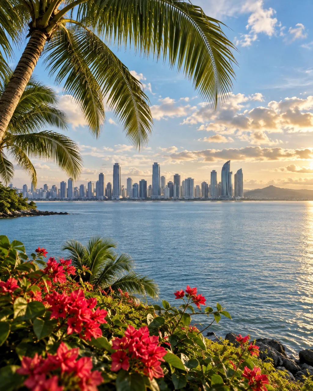 Illustrated photographic view of a palm-framed tropical bay and Panama City skyline